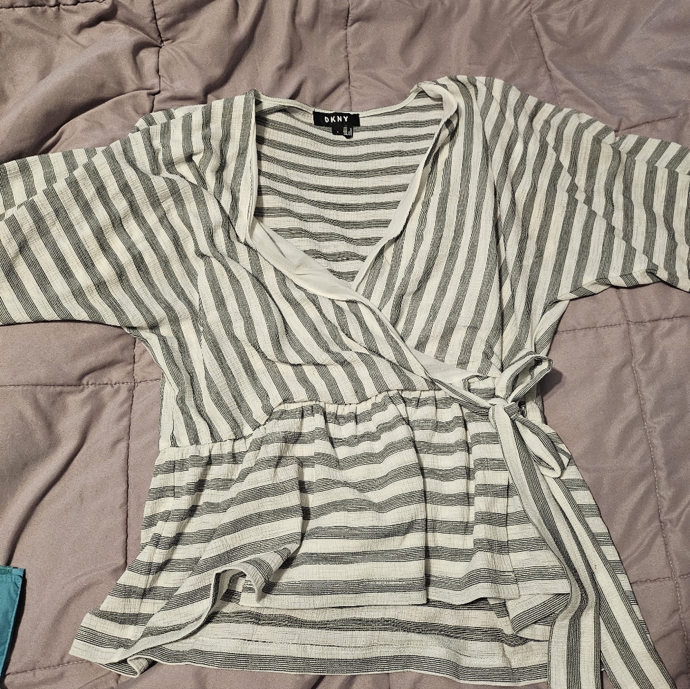 DKNY Gray and White Striped Wrap Blouse